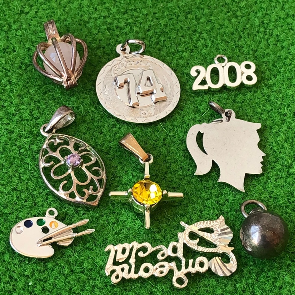 9 vintage mostly sterling? silver charms lot as is